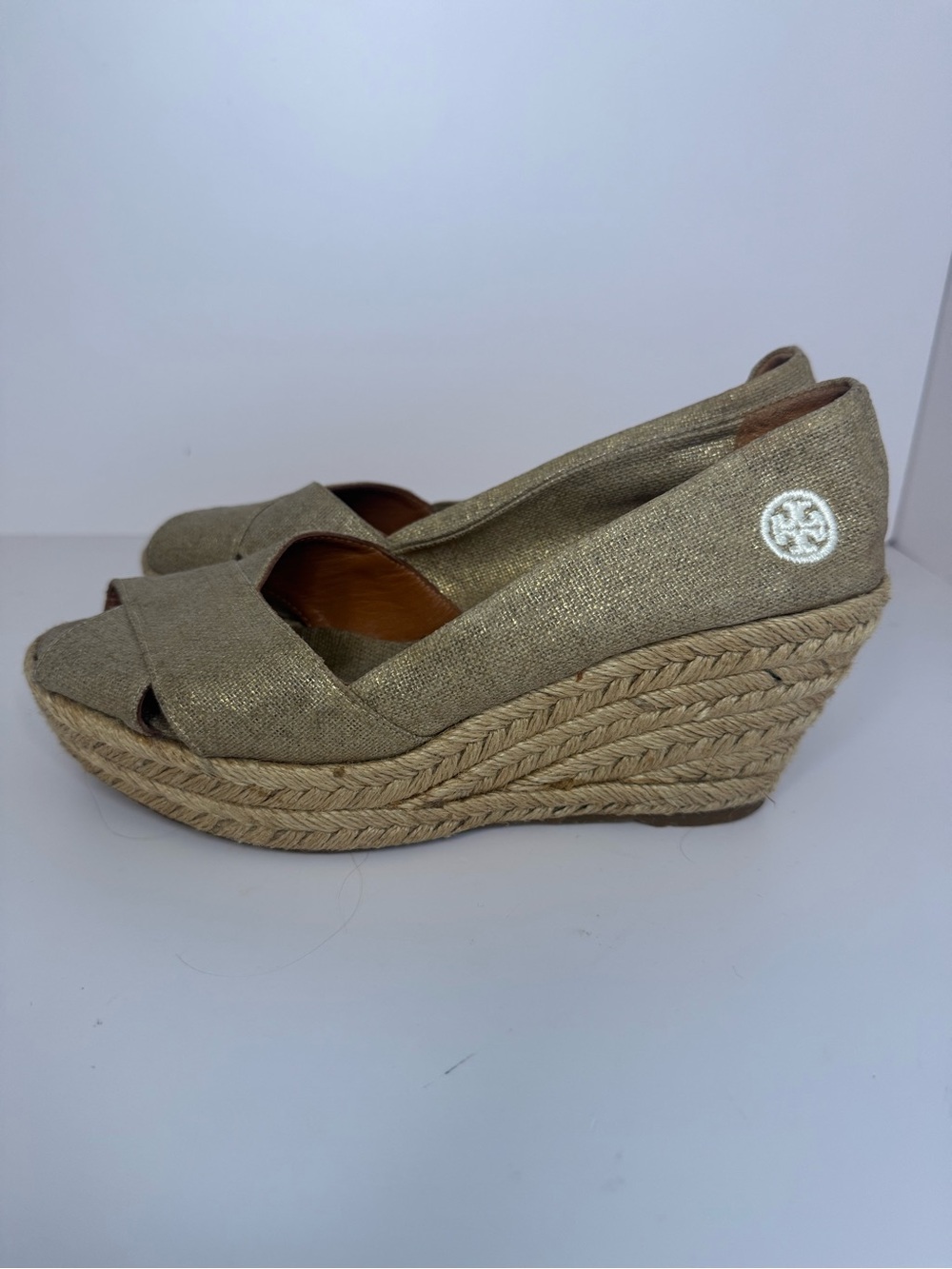 Tory Burch Filipa Logo Canvas Peep Toe Wedge Espadrilles Size 8B - Picture 4 of 14